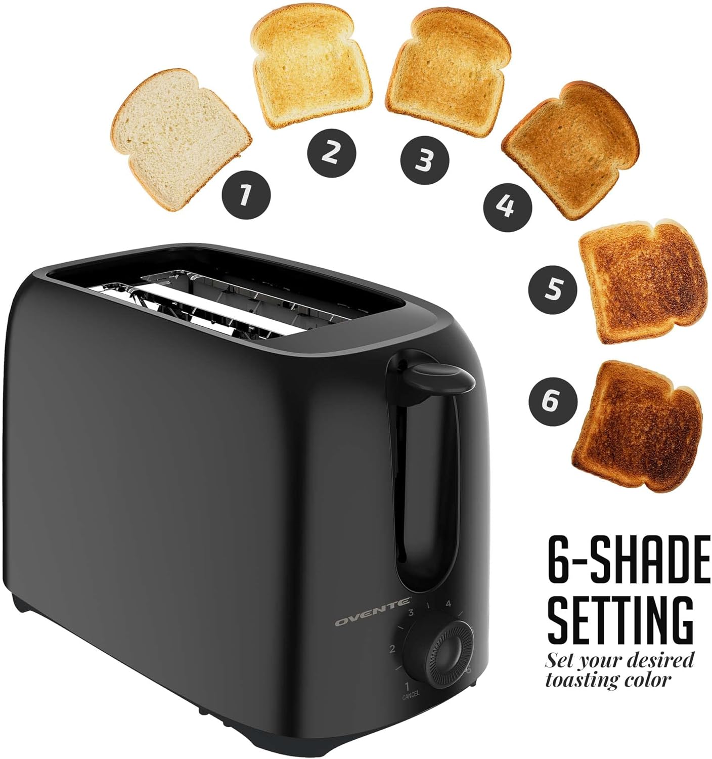 OVENTE Electric 2 Slice Toaster Machine with 6-Shade Toast Settings, 700W Power, Removable Crumb Tray and Compact Design Perfect for Toasting Bread, Bagels, Waffles and Puff Pastry, Black TP2210B - Image 3