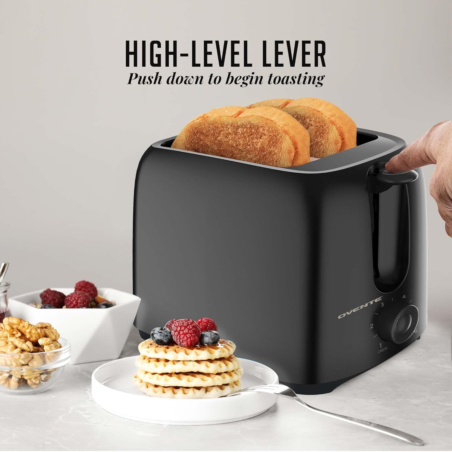 OVENTE Electric 2 Slice Toaster Machine with 6-Shade Toast Settings, 700W Power, Removable Crumb Tray and Compact Design Perfect for Toasting Bread, Bagels, Waffles and Puff Pastry, Black TP2210B - Image 5