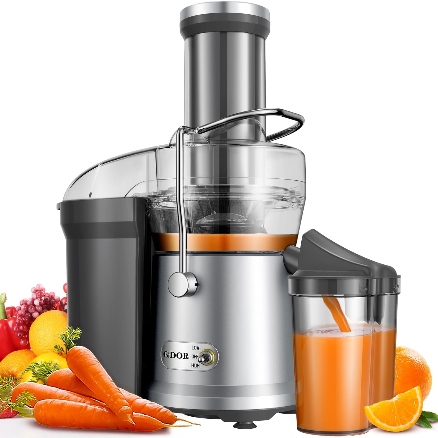 GDOR 1200W Juicer with Larger 3.2" Feed Chute, Titanium Enhanced Cutting System, Centrifugal Juice Extractor Maker with Heavy Duty Full Copper Motor, Dual Speeds, BPA-Free, Silver - Image 2