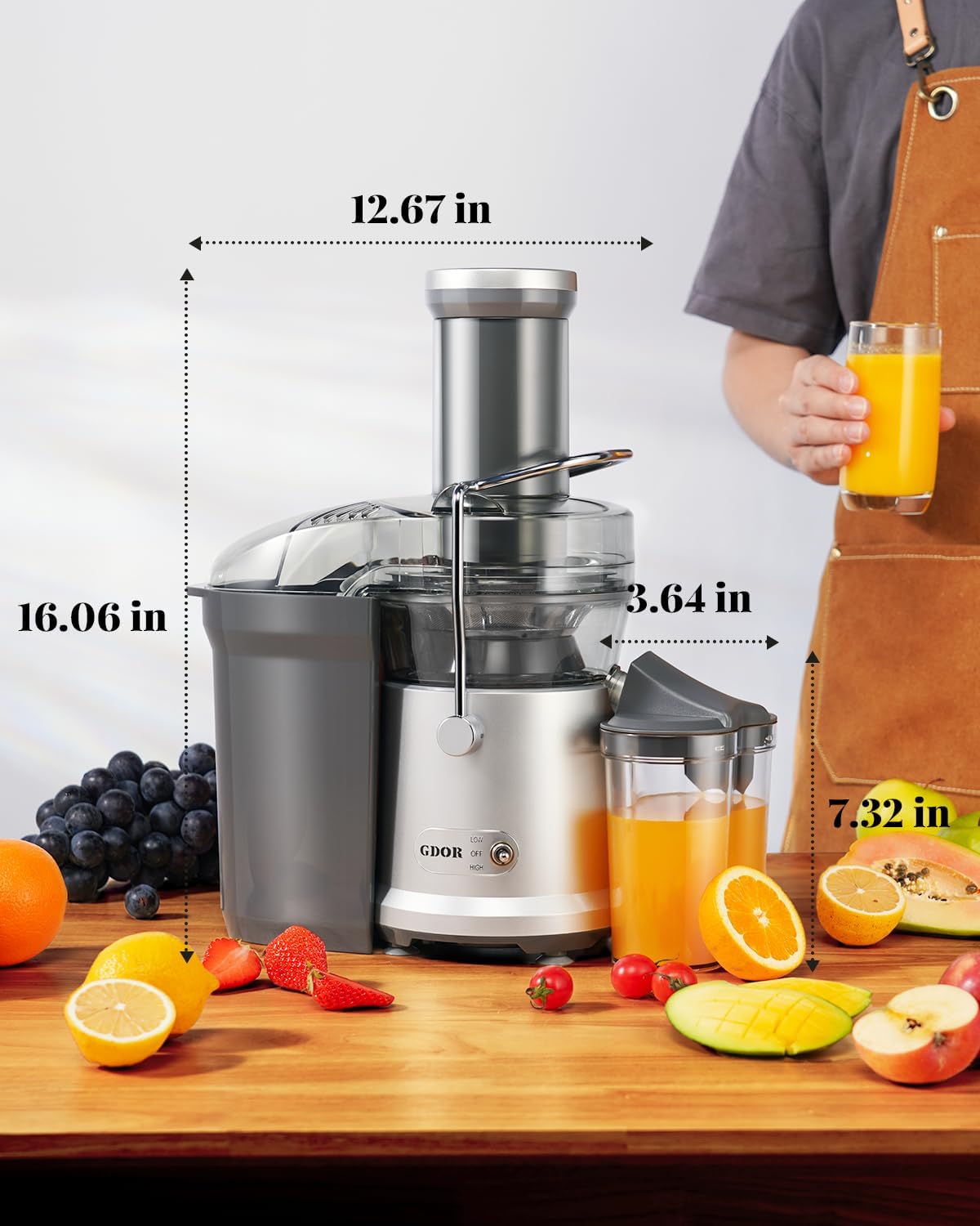 GDOR 1200W Juicer with Larger 3.2" Feed Chute, Titanium Enhanced Cutting System, Centrifugal Juice Extractor Maker with Heavy Duty Full Copper Motor, Dual Speeds, BPA-Free, Silver - Image 8