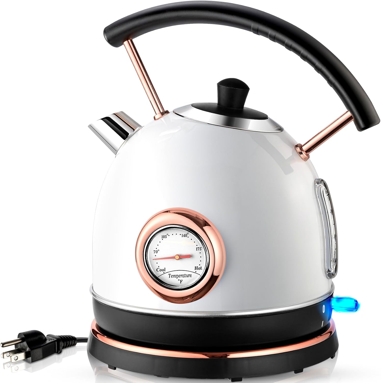 Pukomc Retro Electric Kettle Stainless Steel 1.7L Tea Kettle, Hot Water Boiler with Temperature Gauge, Led Light, Fast Boiling, Auto Shut-Off&Boil-Dry Protection (White) - Image 2