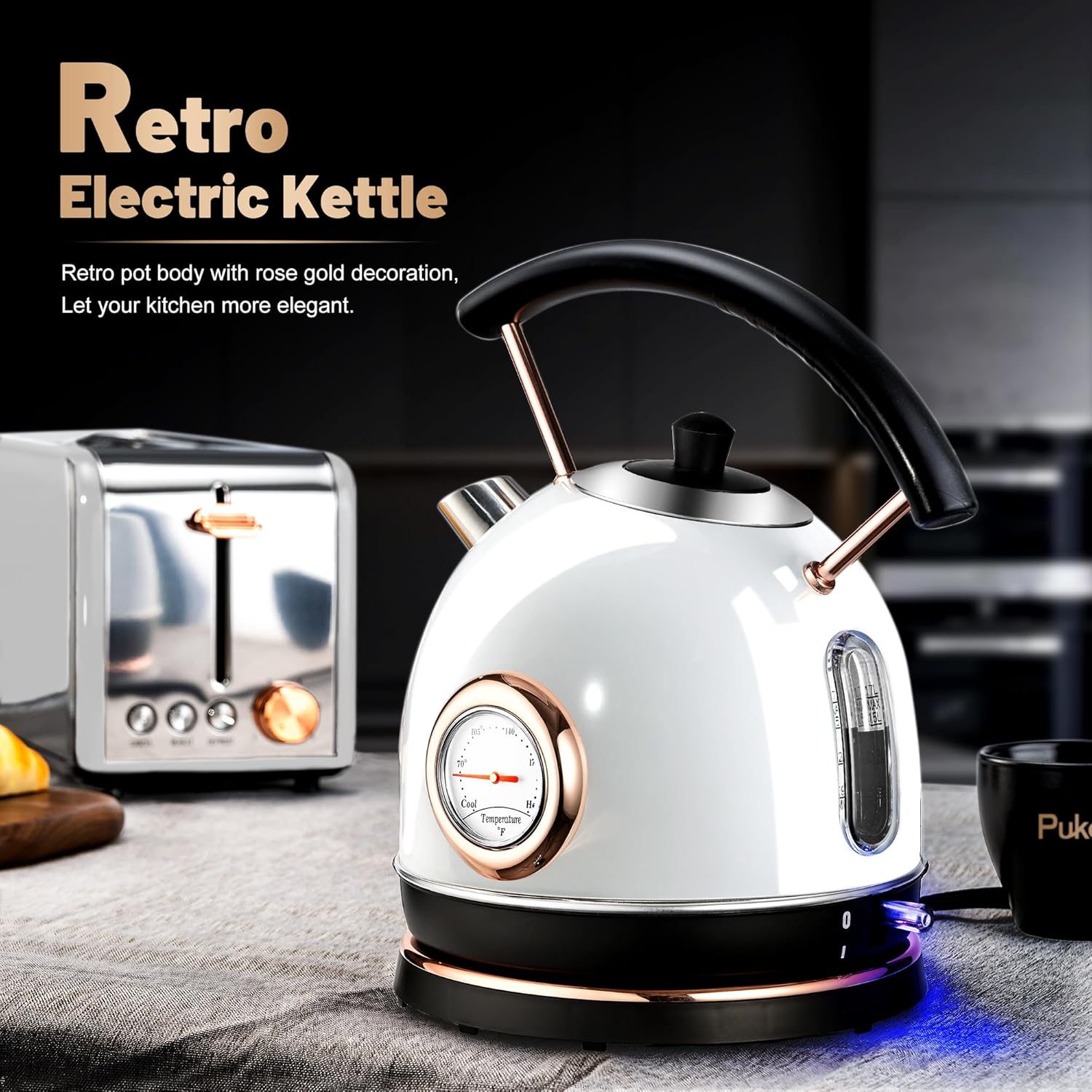 Pukomc Retro Electric Kettle Stainless Steel 1.7L Tea Kettle, Hot Water Boiler with Temperature Gauge, Led Light, Fast Boiling, Auto Shut-Off&Boil-Dry Protection (White) - Image 4