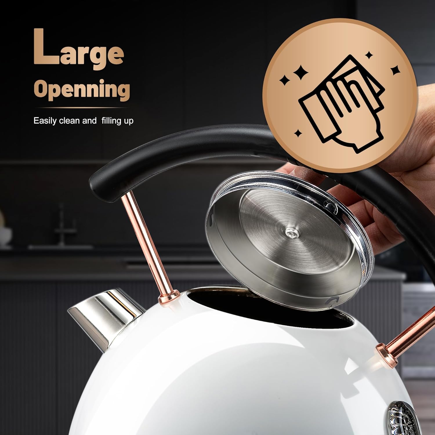 Pukomc Retro Electric Kettle Stainless Steel 1.7L Tea Kettle, Hot Water Boiler with Temperature Gauge, Led Light, Fast Boiling, Auto Shut-Off&Boil-Dry Protection (White) - Image 7