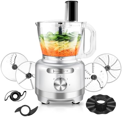 Homtone 16 Cup Food Processor, French-Fry-Cutter Food Processors, 9 Functions 7 Blades for Shredding, Slicing, Doughing, Emulsfying and Meat Vegetable Chopping for Home Use, 3 Speeds, 600W, Sliver - Image 2
