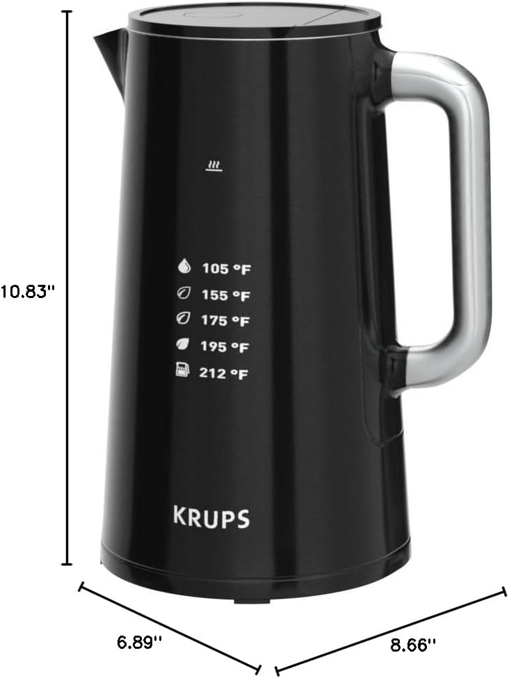 KRUPS: 1.7L Electric Kettle, Smart Temp Plastic and Stainless Steel Electric Kettle, Electric Tea Kettle, Cordless Black Temperature Control Tea Kettle - Image 8