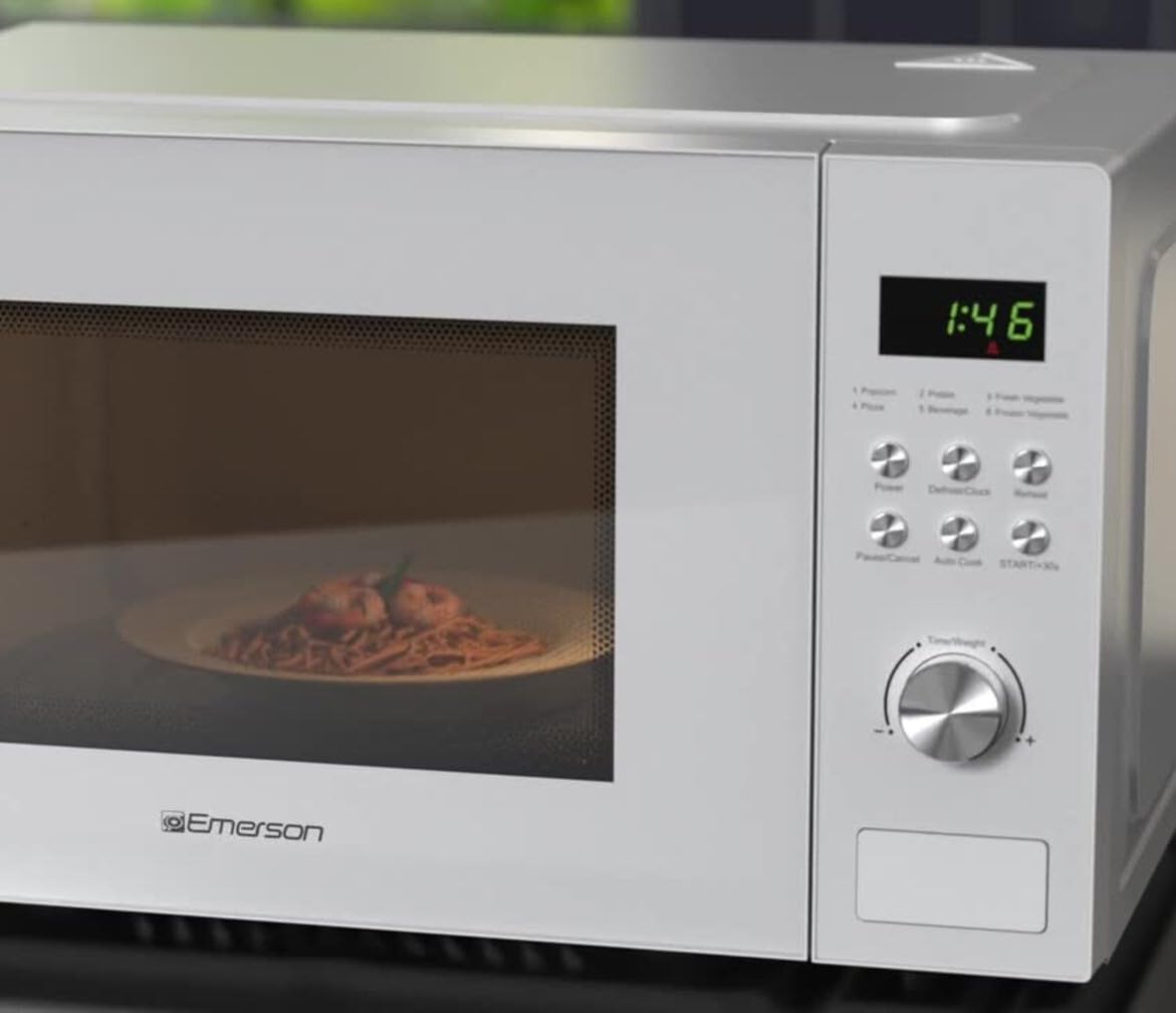 Emerson MW1101W Microwave Oven with Timer & LED Display 1000W, 10 Power Levels, 6 Pre-Programmed Settings, Removable Glass Turntable with Child Safe Lock, 1.1 Cu. Ft, White - Image 7