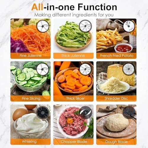 Homtone 16 Cup Food Processor, French-Fry-Cutter Food Processors, 9 Functions 7 Blades for Shredding, Slicing, Doughing, Emulsfying and Meat Vegetable Chopping for Home Use, 3 Speeds, 600W, Sliver - Image 8