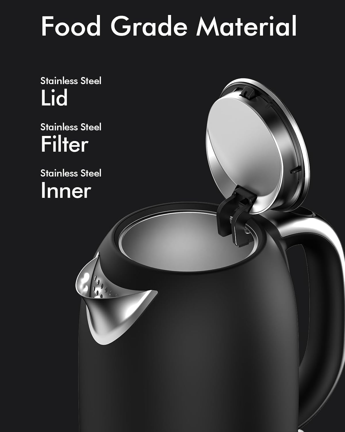 Boiling Water Electric Tea Kettle, Wide Open Lid Stainless Steel Water Cooker, 1500W / 1.7L Coffee/Tea Brewing, Auto Shut Off and Boil Dry Protection, Cordless Rotating Base and LED Indicator, Black - Image 4