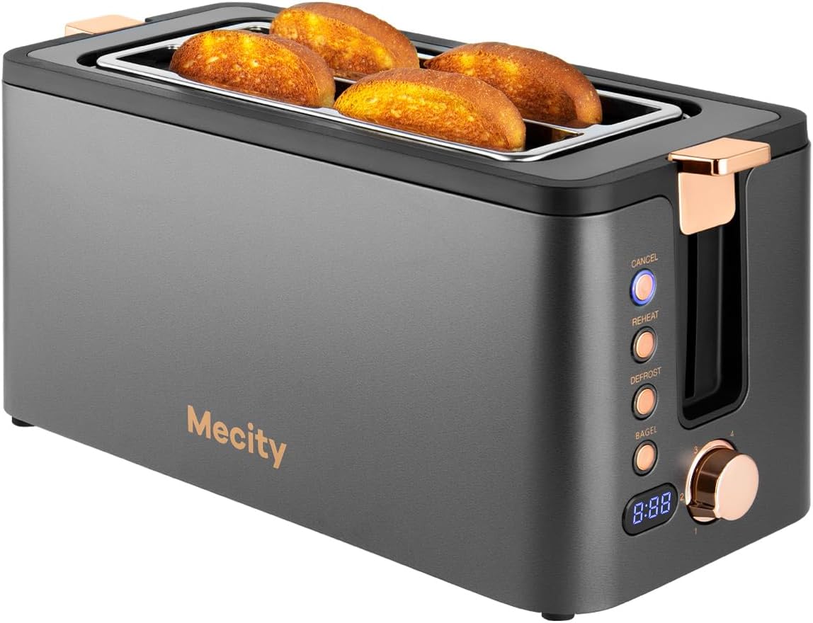 Mecity 4 Slice Toaster, Long Slot Toaster With Warming Rack, Bagel/Defrost/Reheat Functions,Warming Rack, Crumb Tray, 6 Browning Settings, Extra Wide Long Slots, Stainless Steel, 1300W,Grey - Image 2