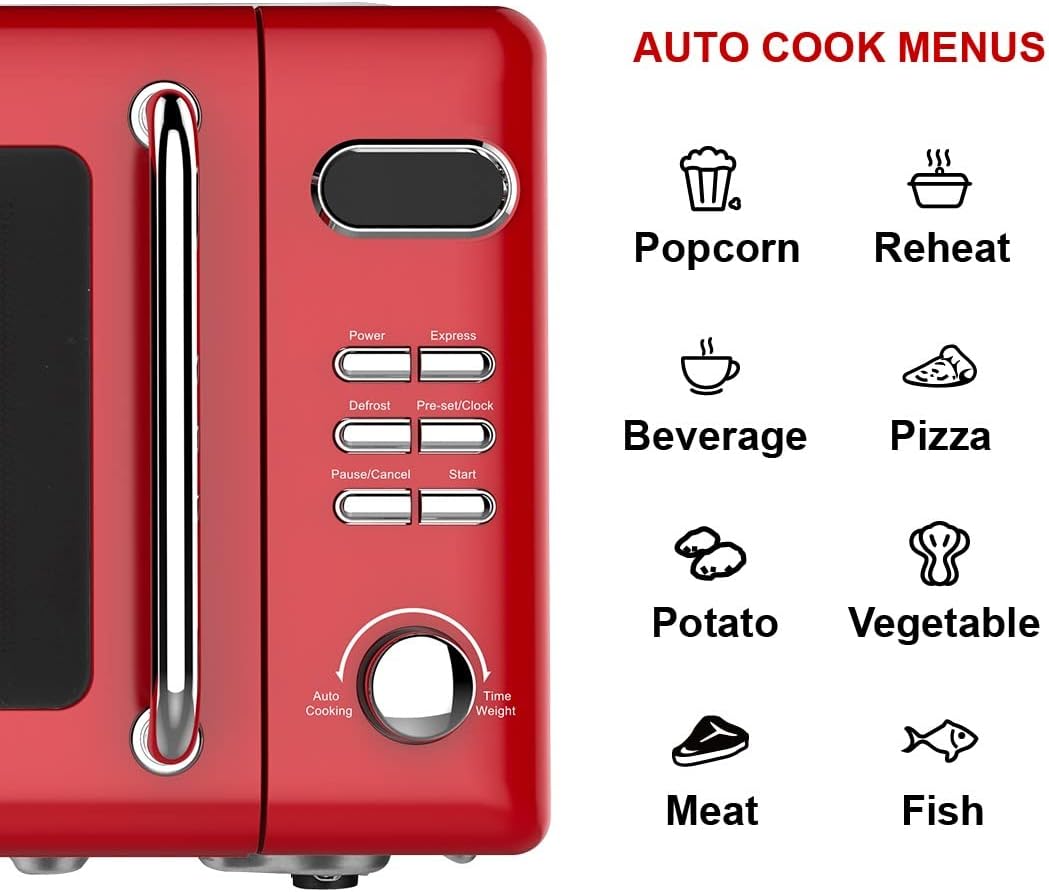 Emerson MWR7020RD Compact Countertop Microwave Oven with Button Control, LED Display, 700W 5 Power Levels, 8 Auto Menus, Glass Turntable and Child Safe Lock, 0.7, Retro Red - Image 5
