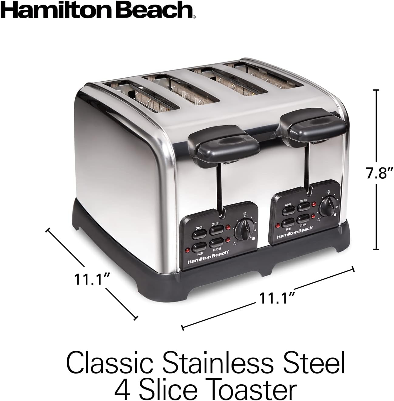 Hamilton Beach 24782 Retro Toaster with Wide Slots, Sure-Toast echnology, Bagel & Defrost Settings, Auto Boost to Lift Smaller Breads, 4 Slice, Polished Stainless Steel - Image 9