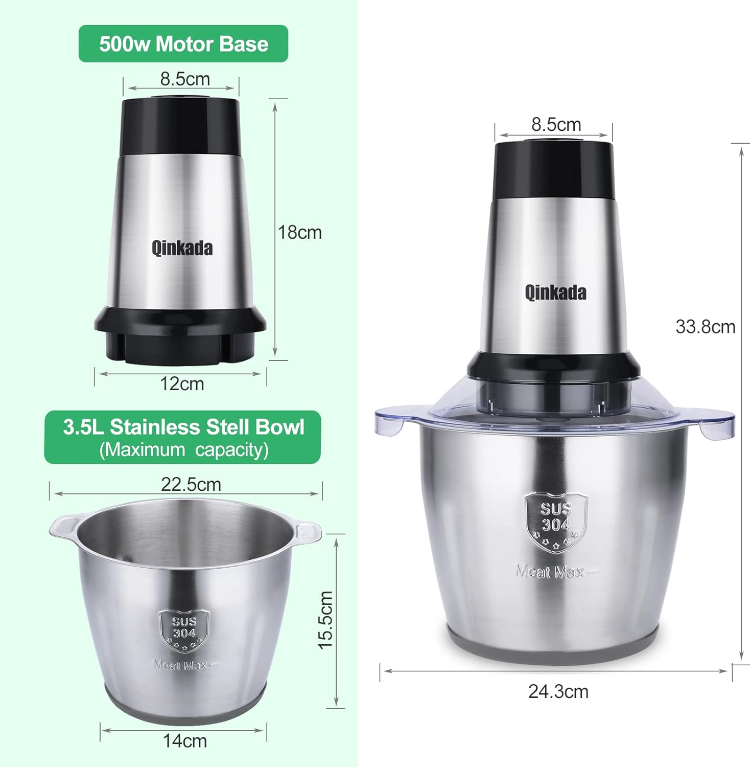 Food Processor, 500W Powerful Meat Grinder, 14Cup Stainless Steel Bowl, 3 Speed Modes 4 Bi-Level Blades for Onion, Meat, Nuts, Fruit, Garlic, Vegetable, Baby Food - Image 6