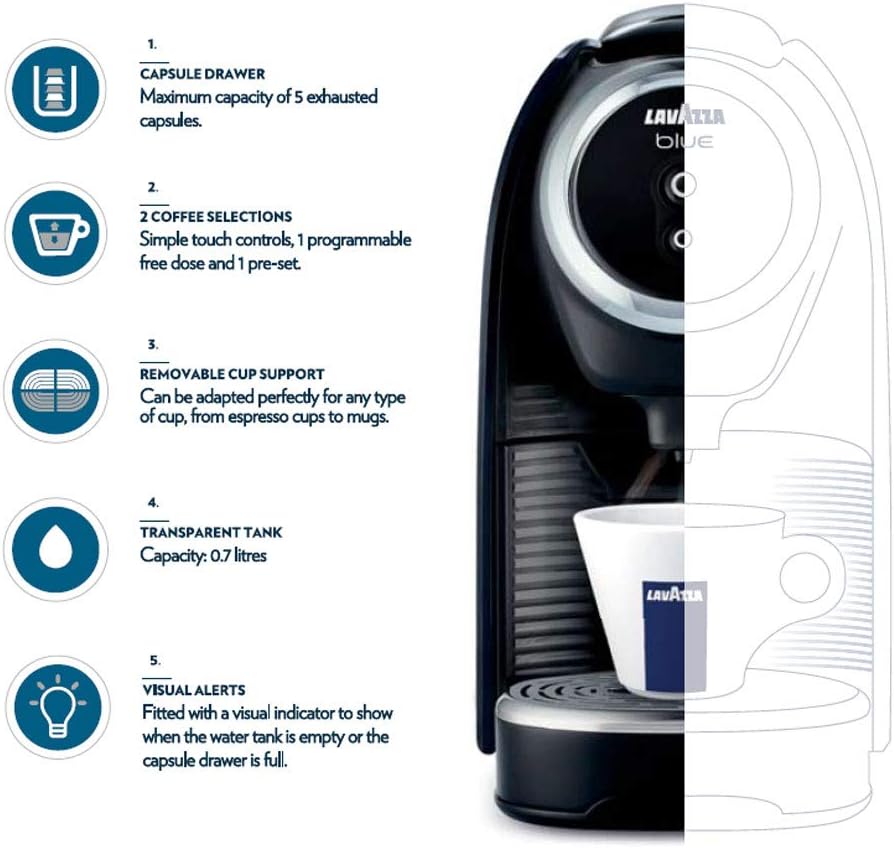 Lavazza BLUE Classy Mini Single Serve Espresso Coffee Machine LB 300, 5.3" x 13" x 10.2" 2 Coffee selections: simple touch controls, 1 programmable free dose and 1 pre-set - Image 7