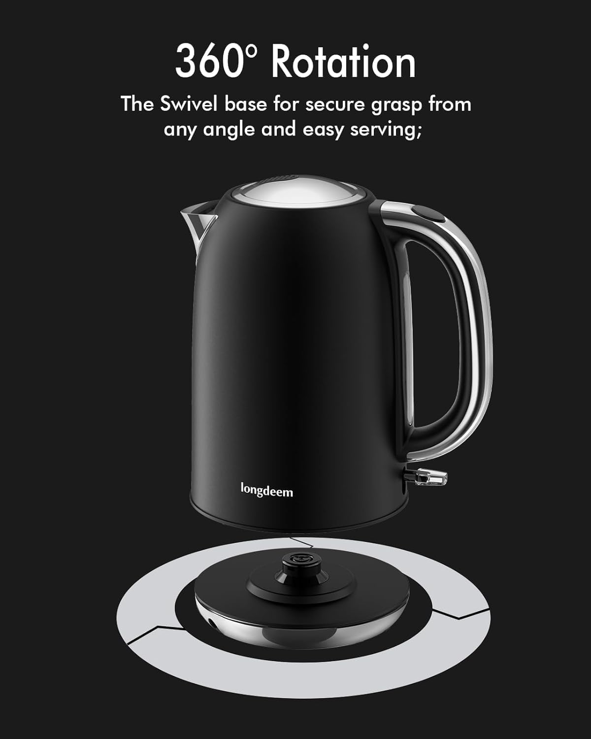Boiling Water Electric Tea Kettle, Wide Open Lid Stainless Steel Water Cooker, 1500W / 1.7L Coffee/Tea Brewing, Auto Shut Off and Boil Dry Protection, Cordless Rotating Base and LED Indicator, Black - Image 8