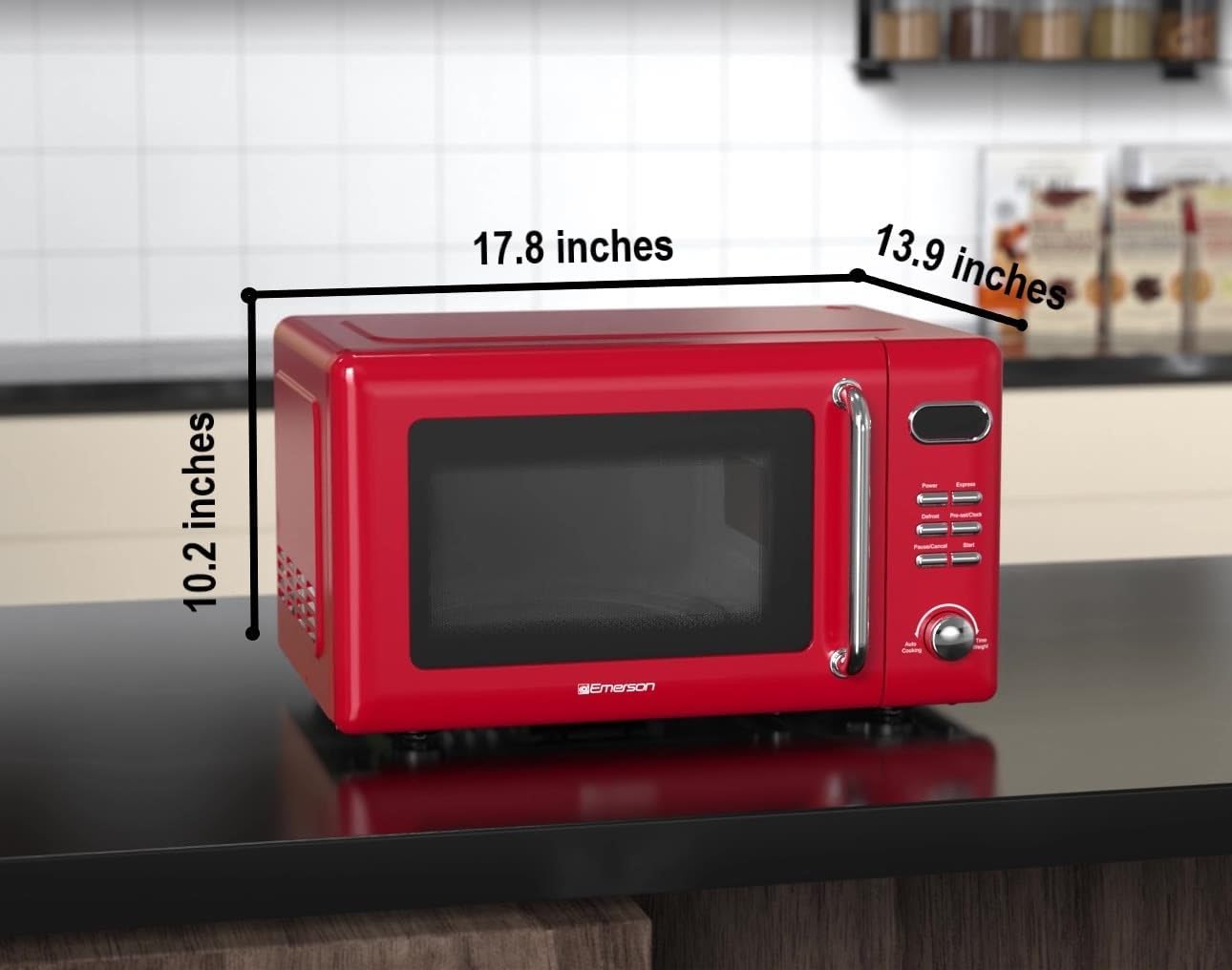 Emerson MWR7020RD Compact Countertop Microwave Oven with Button Control, LED Display, 700W 5 Power Levels, 8 Auto Menus, Glass Turntable and Child Safe Lock, 0.7, Retro Red - Image 7