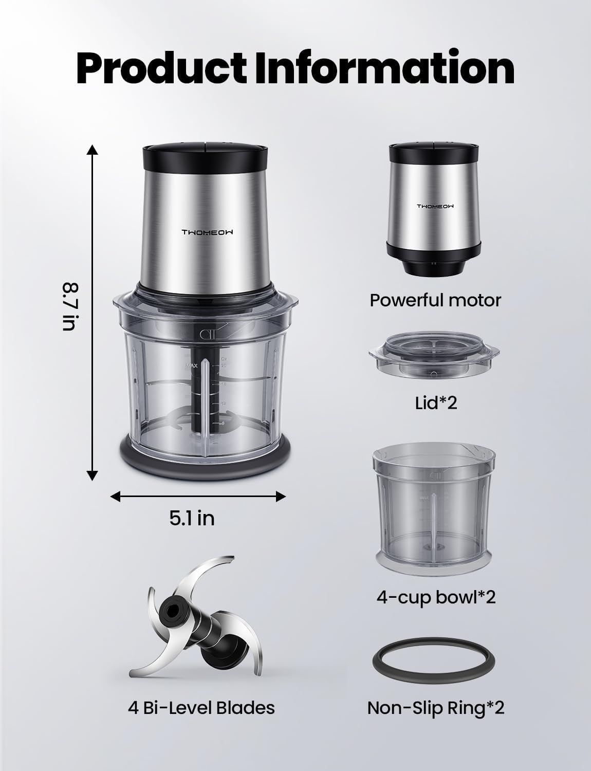 Food Processor 4 Cup, Electric Food Chopper, 【Small but Powerful】Meat Grinder with 2 Bowls, 2 Speed & 4 Blades for Vegetable, Meat, Nuts, Functions for Chopping, Dicing, Mixing and Puree - Image 8