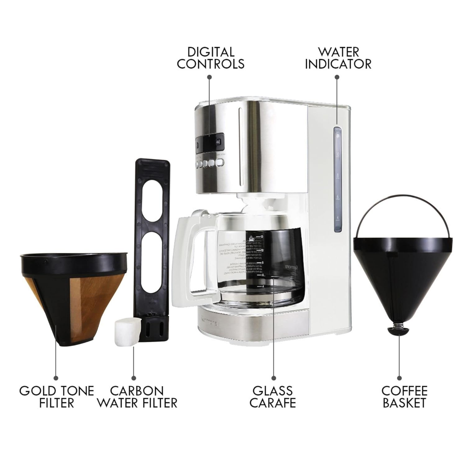 Kenmore Coffee Maker 12 cup Drip Coffee Machine Reusable Filter Programmable Timer Digital Display Aroma Control Glass Carafe Charcoal Water Filter Regular Bold Stainless Steel and white - Image 7