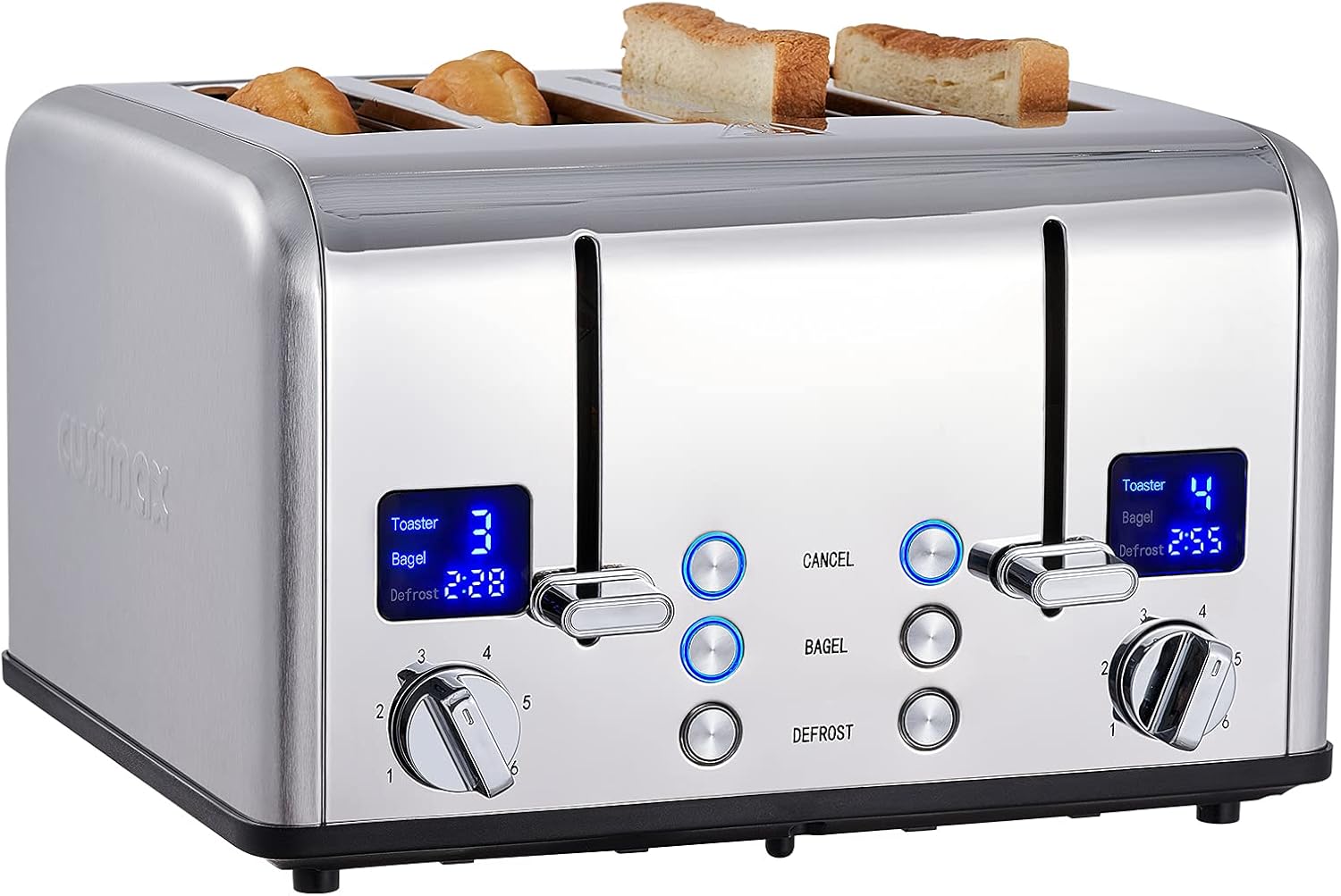 CUSIMAX 4 Slice Toaster, Ultra-Clear LED Display & Extra Wide Slots, Dual Control Panels of 6 Shade Settings, Cancel/Bagel/Defrost Function, Removable Crumb Trays, Stainless Steel Toaster - Image 2