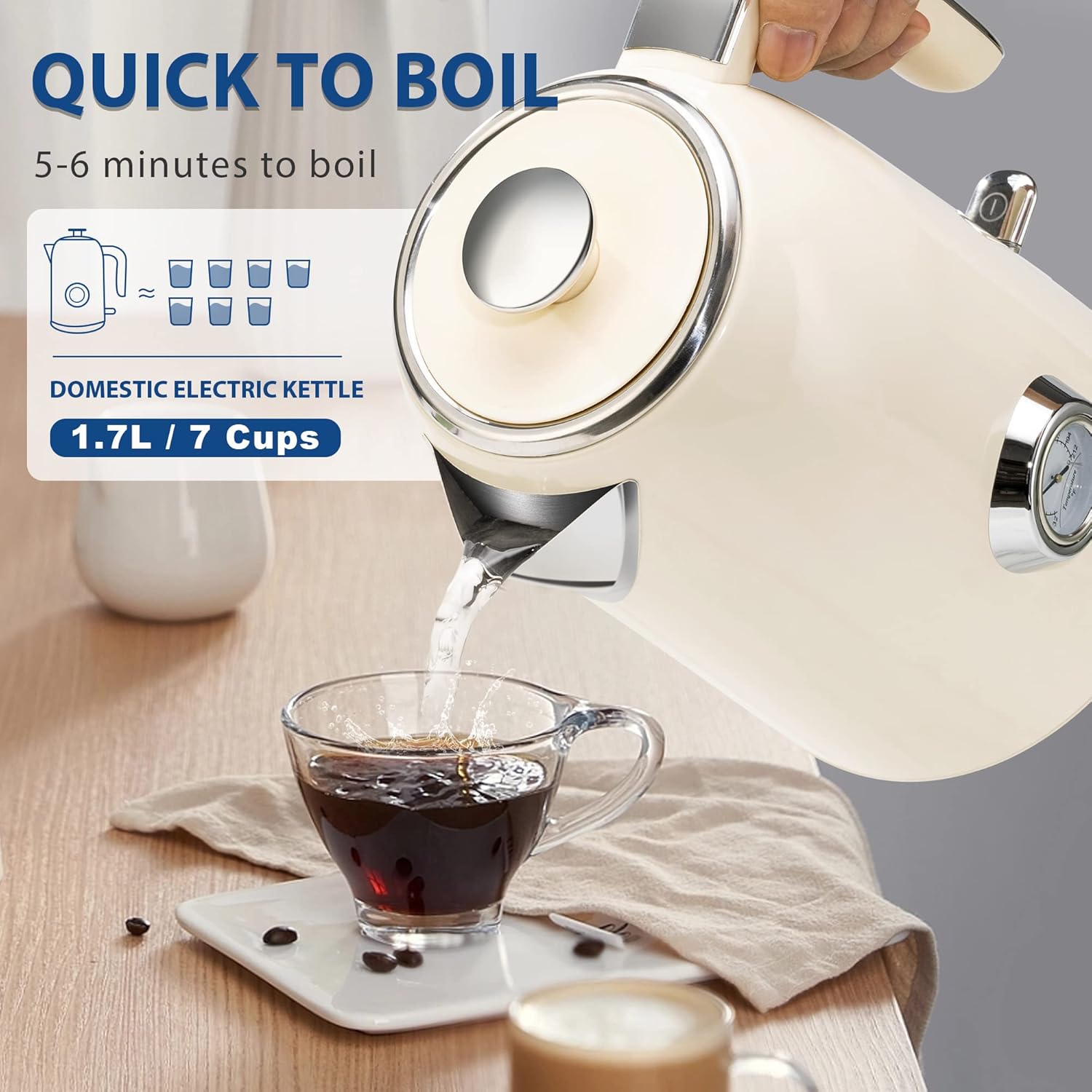 SULIVES Electric Kettle, 1.7L Stainless Steel Tea Kettle with Temperature Gauge, 1500W Water Boiler with LED Light, BPA-Free, Auto Shut-Off and Boil-Dry Protection - Image 5