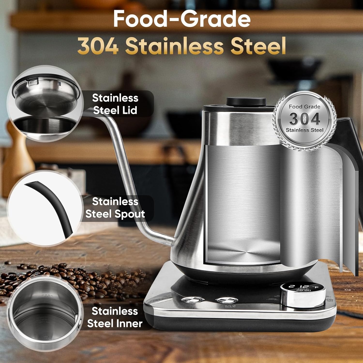 COZII Gooseneck Electric Kettle,5 Presets & ±1℉ Temperature Control 1200W Quick Heating Water Boiler for Coffee/Tea, 24H Keep Warm, Auto Shut Off Pour Over Kettle with 50pcs Coffee Filter,0.9L Silver - Image 5