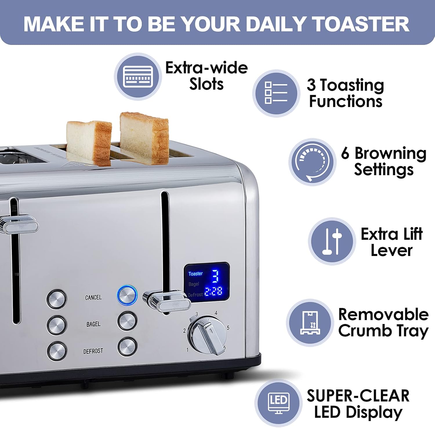 CUSIMAX 4 Slice Toaster, Ultra-Clear LED Display & Extra Wide Slots, Dual Control Panels of 6 Shade Settings, Cancel/Bagel/Defrost Function, Removable Crumb Trays, Stainless Steel Toaster - Image 3