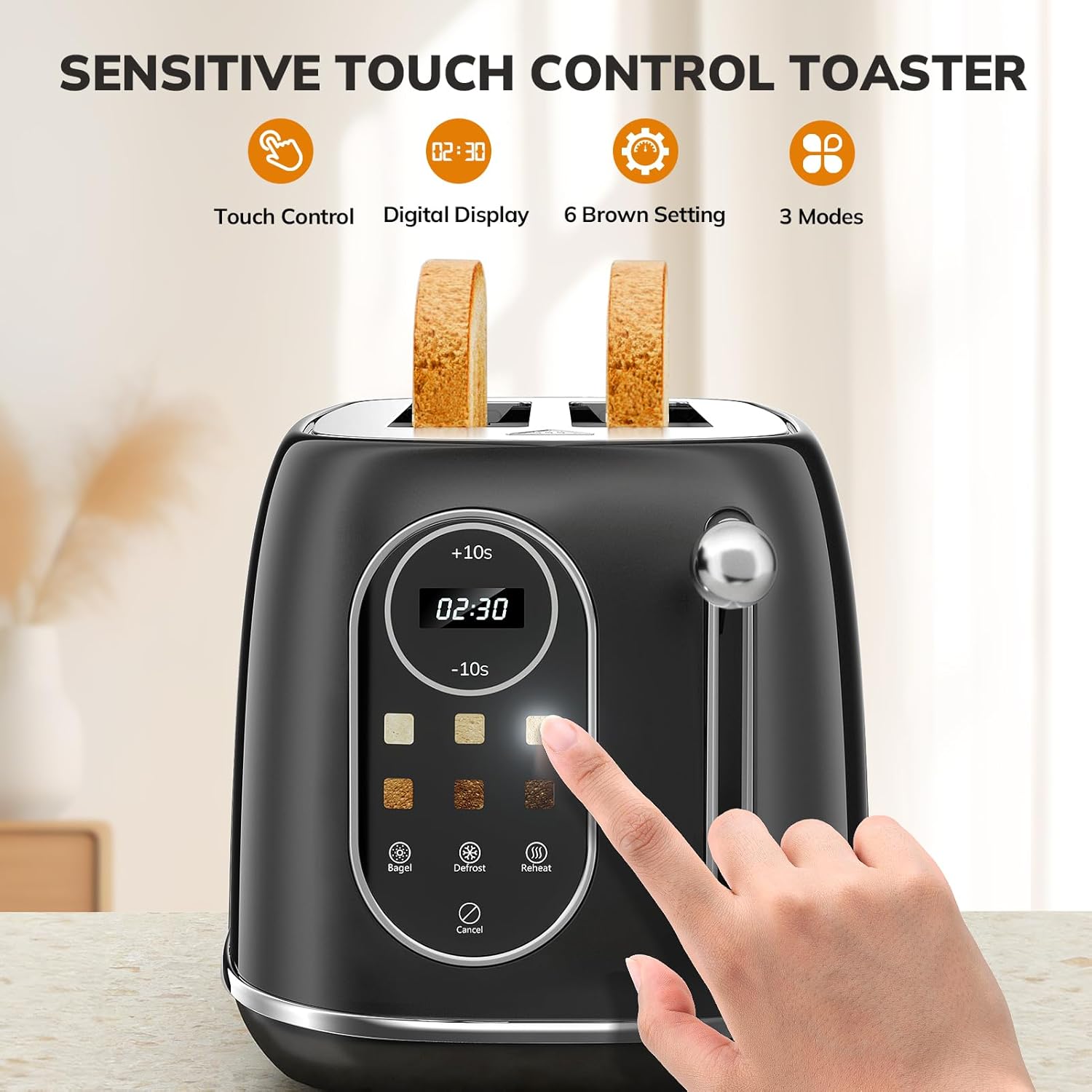 Keenstone Toaster Touch Control, Retro Toaster with Touchscreen, Stainless Steel 2 Slice Toaster Extra Wide Slot Features Bagel, Reheat, Defrost, Cancel, 6 Shade Settings&Removable Crumb Tray - Image 5