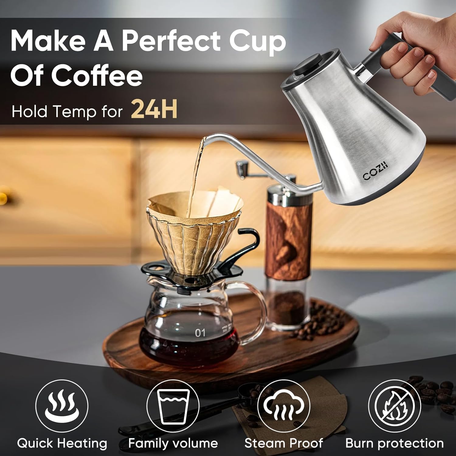 COZII Gooseneck Electric Kettle,5 Presets & ±1℉ Temperature Control 1200W Quick Heating Water Boiler for Coffee/Tea, 24H Keep Warm, Auto Shut Off Pour Over Kettle with 50pcs Coffee Filter,0.9L Silver - Image 4