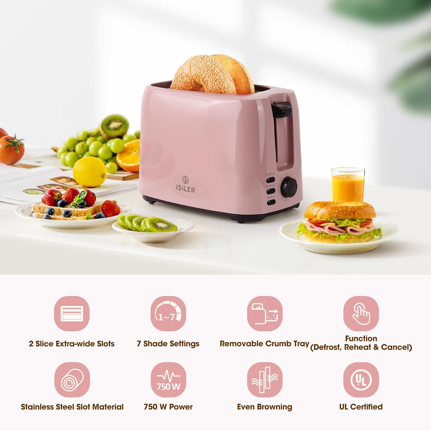 iSiLER 2 Slice Toaster, 1.3 Inches Wide Slot Bagel Toaster with 7 Shade Settings and Double Side Baking, Compact Bread Toaster with Removable Crumb Tray, Defrost Cancel Function Pink - Image 3