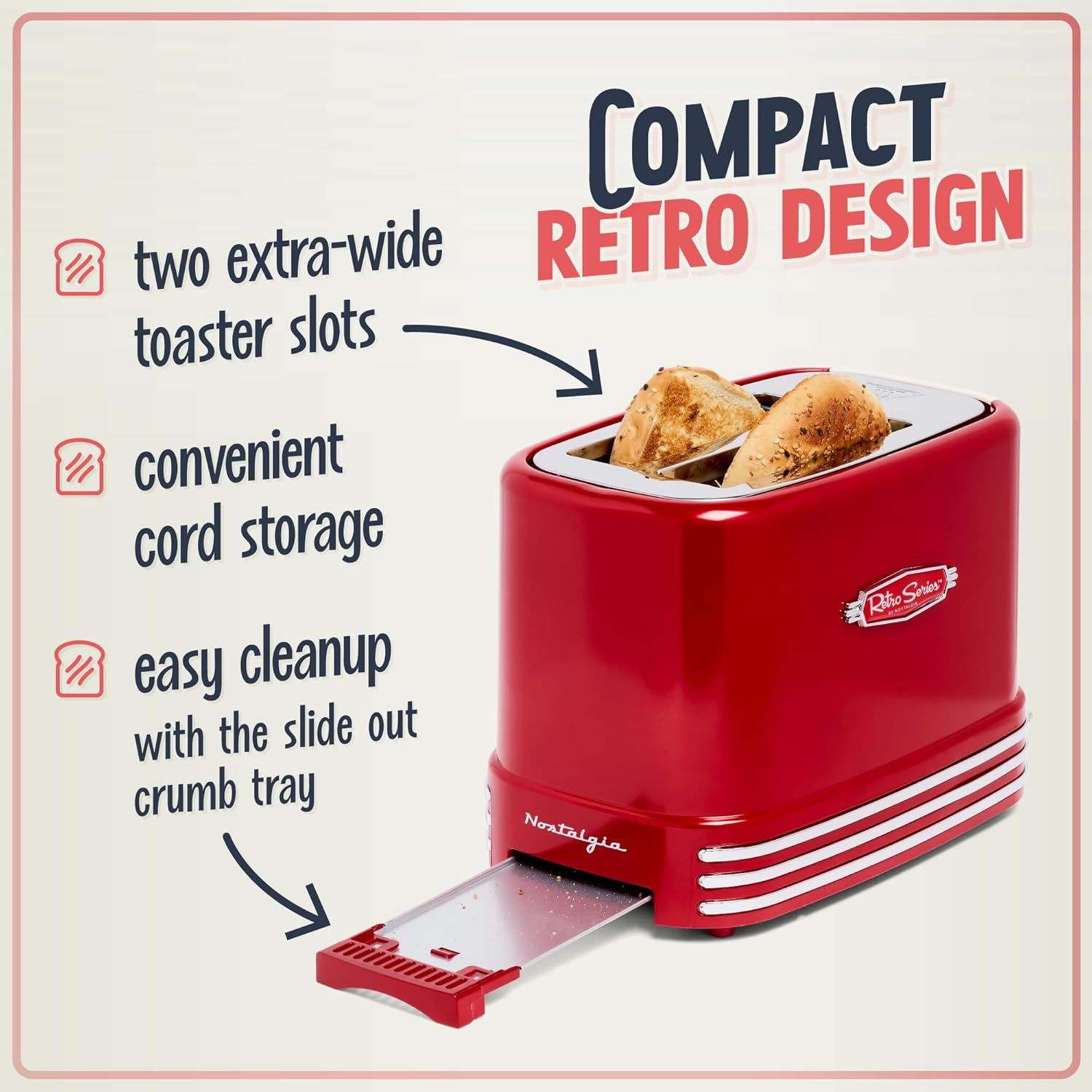 Nostalgia Retro Wide 2-Slice Toaster, Vintage Design With Crumb Tray, Cord Storage & 5 Toasting Levels, Red - Image 4