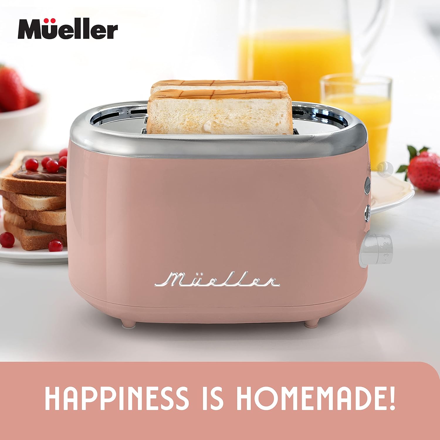 Mueller Retro Toaster 2 Slice with 7 Browning Levels and 3 Functions: Reheat, Defrost & Cancel, Stainless Steel Features, Removable Crumb Tray, Under Base Cord Storage, Pink - Image 9
