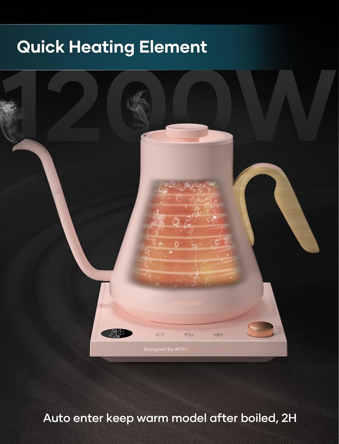 Electric Kettles, INTASTING Gooseneck Electric Kettle, ±1℉ Temperature Control, Stainless Steel Inner, Quick Heating, for Pour Over Coffee, Brew Tea, Boil Hot Water, 0.9L (Pink) - Image 3