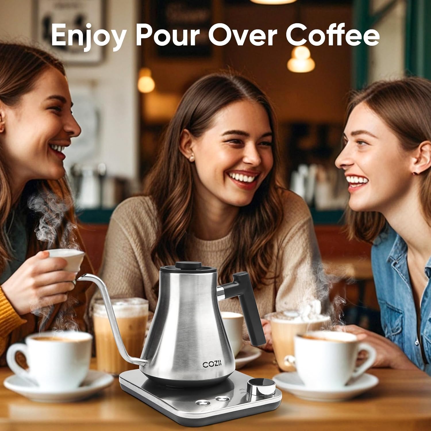 COZII Gooseneck Electric Kettle,5 Presets & ±1℉ Temperature Control 1200W Quick Heating Water Boiler for Coffee/Tea, 24H Keep Warm, Auto Shut Off Pour Over Kettle with 50pcs Coffee Filter,0.9L Silver - Image 9