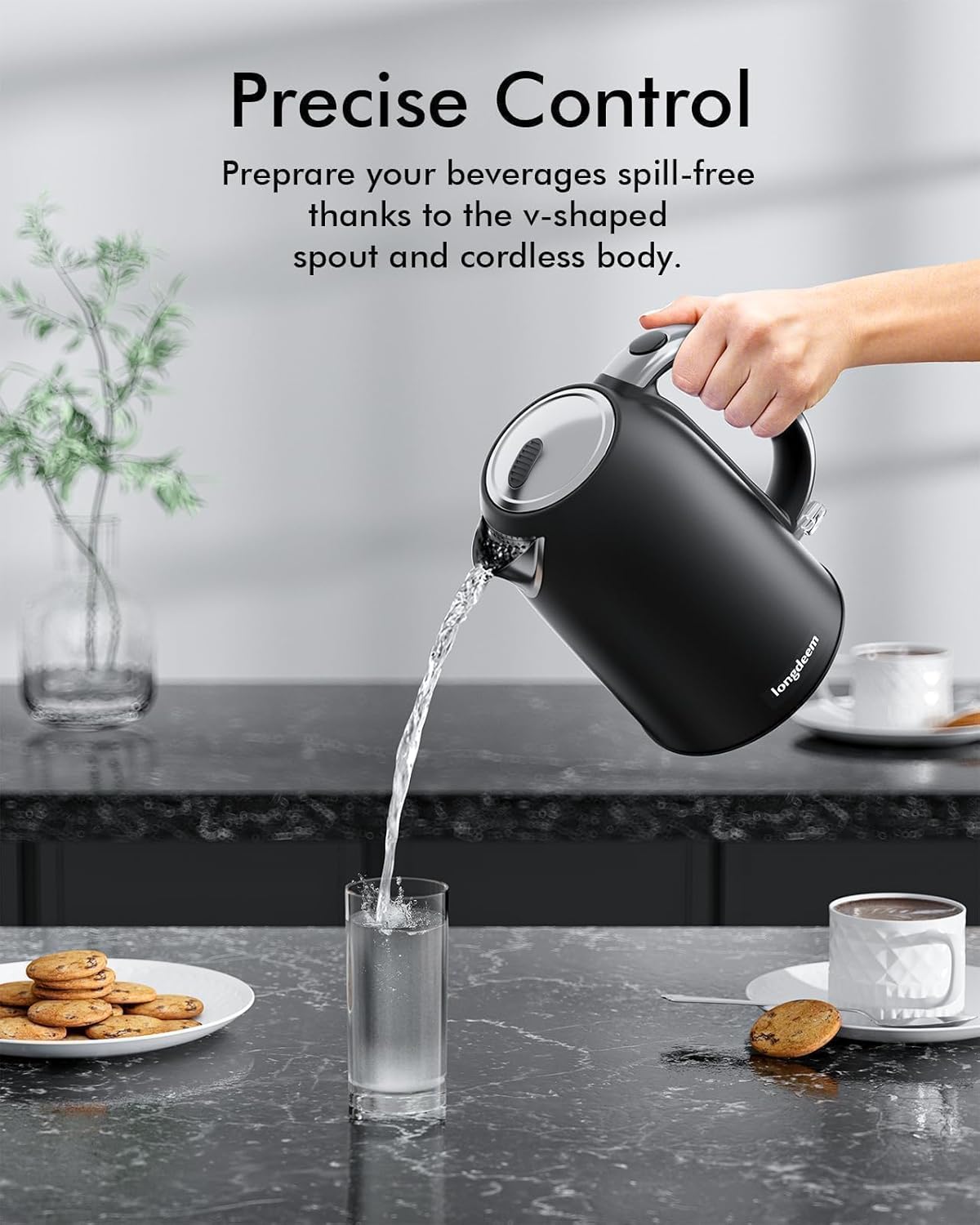 Boiling Water Electric Tea Kettle, Wide Open Lid Stainless Steel Water Cooker, 1500W / 1.7L Coffee/Tea Brewing, Auto Shut Off and Boil Dry Protection, Cordless Rotating Base and LED Indicator, Black - Image 7