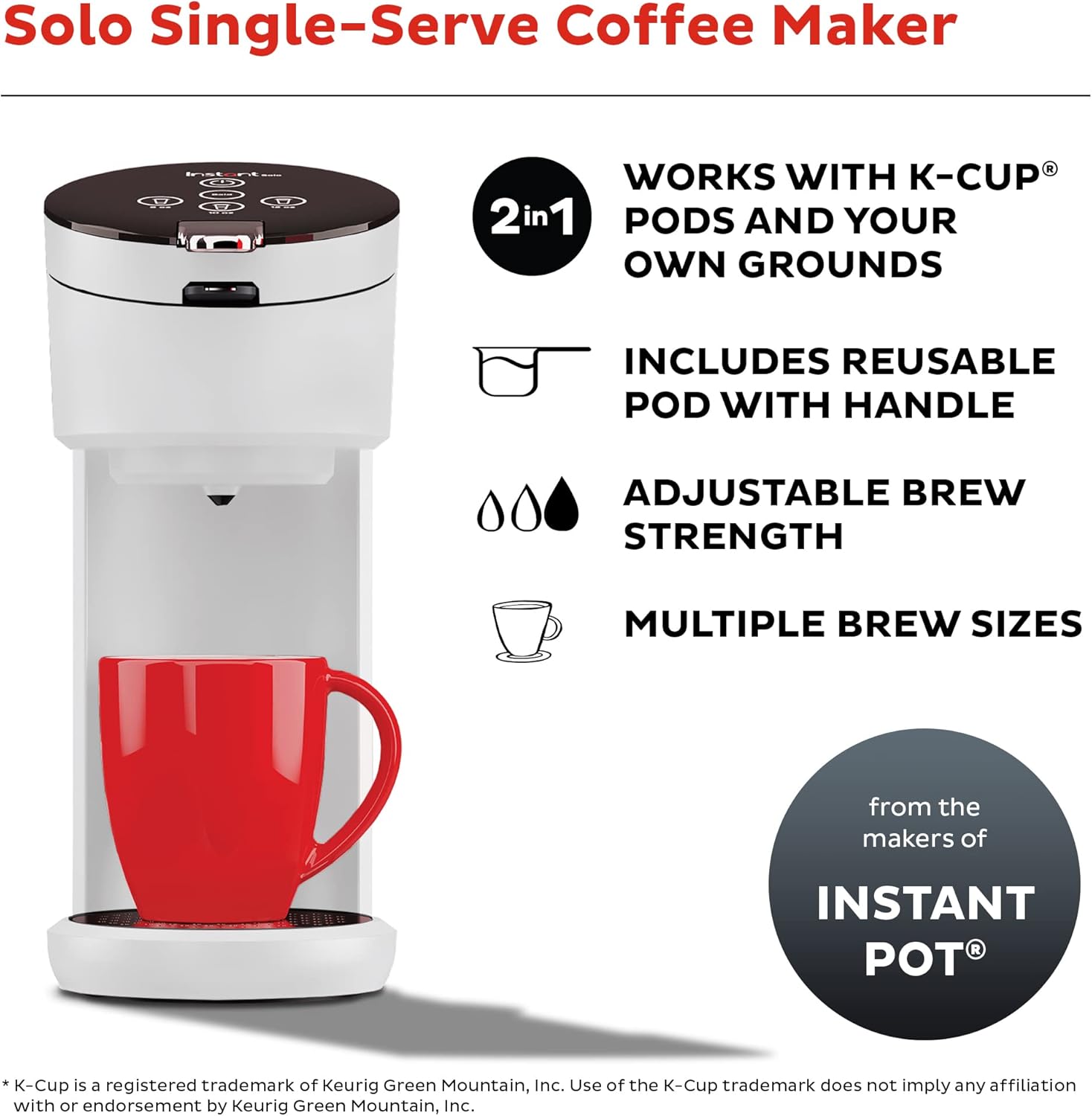 Instant Pot K-Cup Pod Compatible Single Serve Coffee Maker with Reusable Pod and Bold Setting, 8-12oz, 40oz Reservoir, White - Image 3