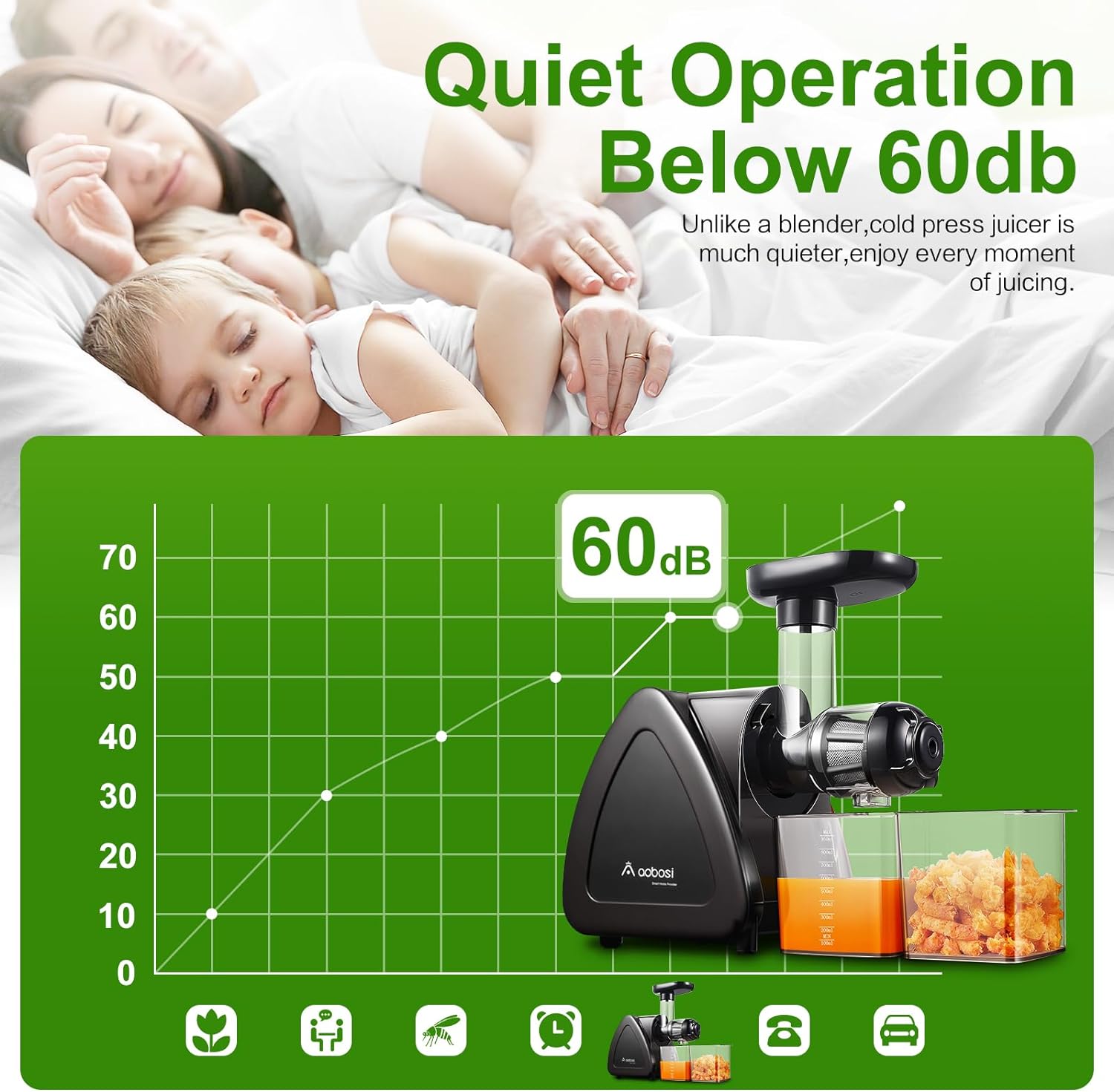 Juicer Machine, Aobosi Slow Masticating Juicer, Cold Press Juicer Machines with Reverse Function, Quiet Motor, High Juice Yield with Juice Jug & Brush for Cleaning (Matte Black) - Image 6