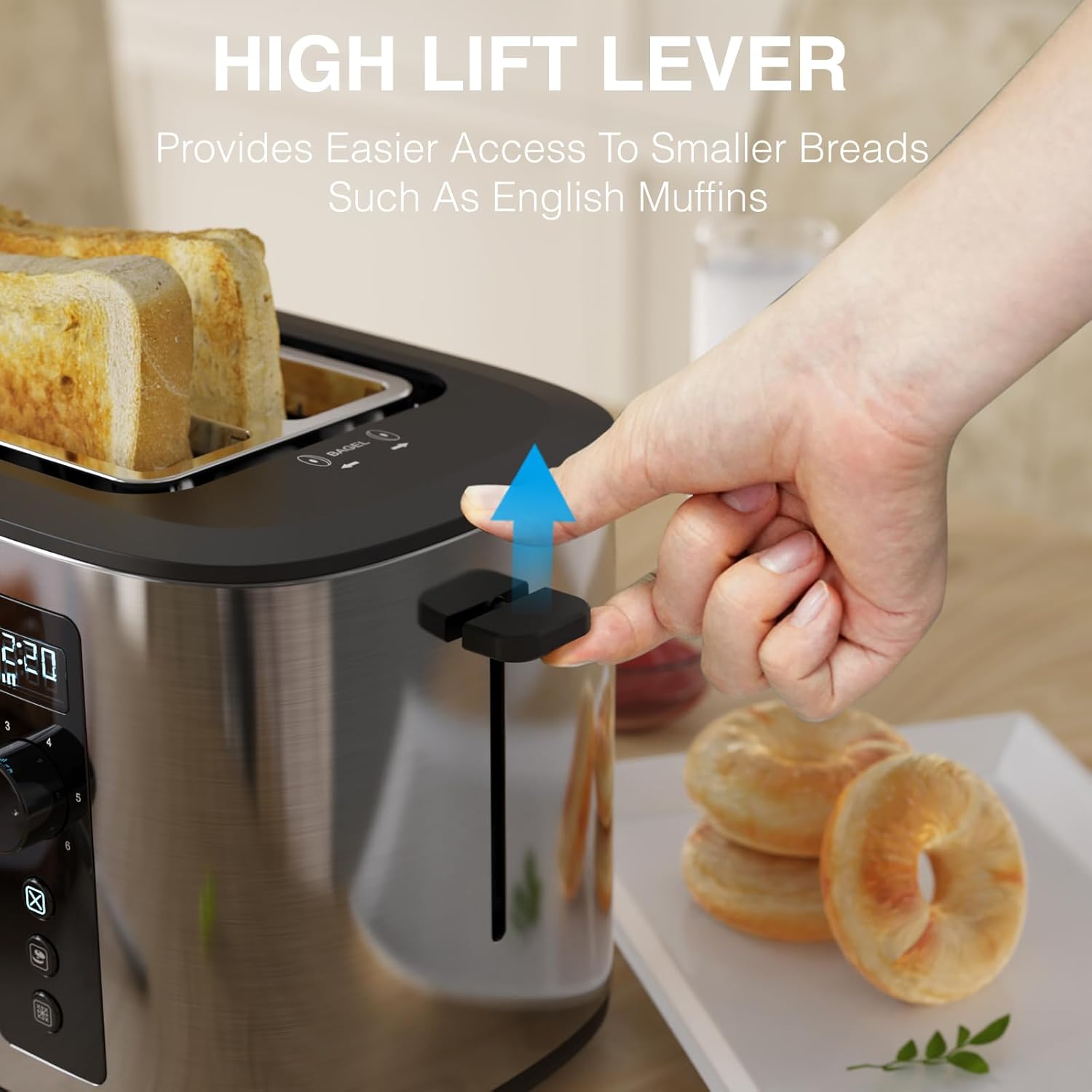 Extra Wide Slot 2-Slice Toaster with Digital Countdown Timer, Stainless Steel, 6 Browning Settings, Built-in Warming Rack, Cancel/Bagel/Defrost Functions - Image 8