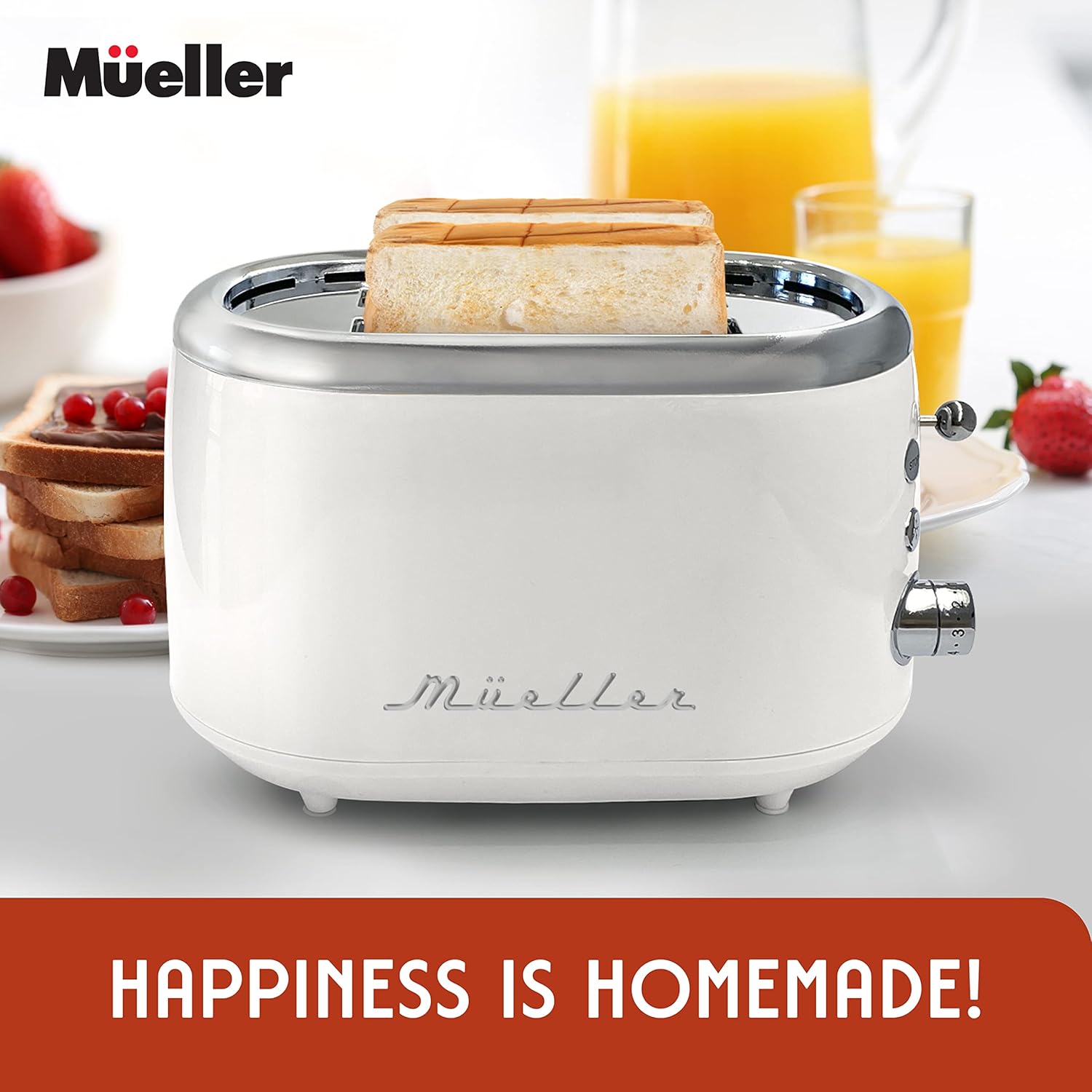 Mueller Retro Toaster 2 Slice with 7 Browning Levels and 3 Functions: Reheat, Defrost & Cancel, Stainless Steel Features, Removable Crumb Tray, Under Base Cord Storage, White - Image 9