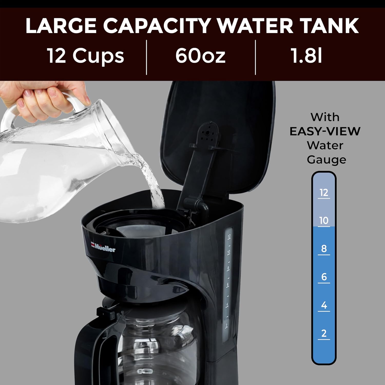 Mueller 12-Cup Drip Coffee Maker - Borosilicate Carafe, Auto-Off, Reusable Filter, Anti-Drip, Keep-Warm Function, Clear Water Level Window Coffee Machine, Ideal for Home or Office - Image 4