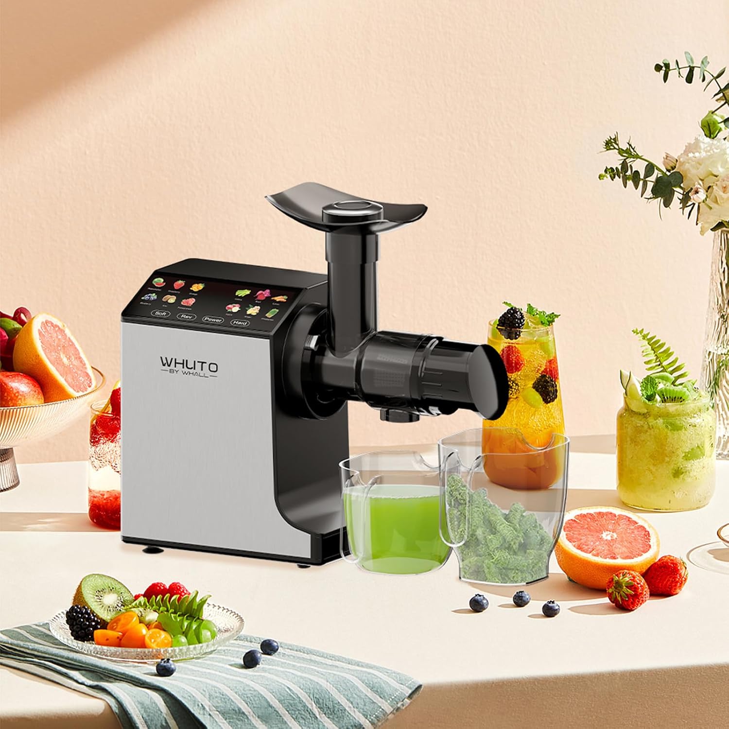 Masticating Juicer Machines, Cold Press Juicer, Easy to Clean with Brush, Touch Screen Stainless Juicer Machines for Vegetable & Fruit, Juice Maker with Quiet Motor & 2 Speed Modes, Silver - Image 8