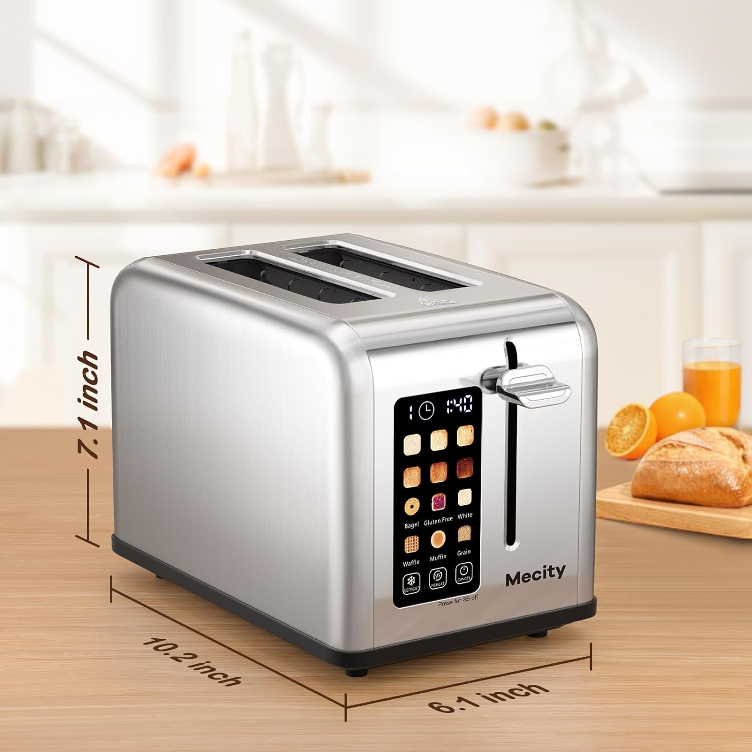 Mecity 2 Slice Toaster Touch Screen 1.5" Wide Slot, Stainless Steel Smart Bread Toaster for Bagel Muffin Waffle Gluten Free Breads, Timer, Defrost, Reheat, 120V 825W - Image 9