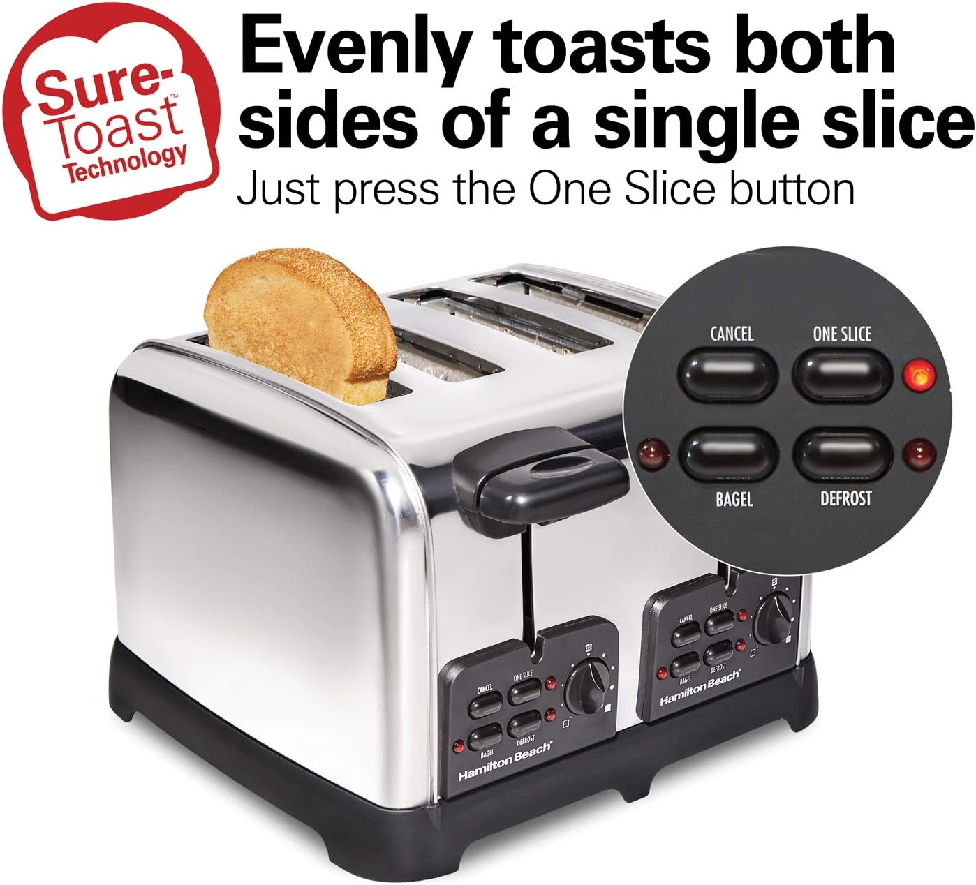 Hamilton Beach 24782 Retro Toaster with Wide Slots, Sure-Toast echnology, Bagel & Defrost Settings, Auto Boost to Lift Smaller Breads, 4 Slice, Polished Stainless Steel - Image 3