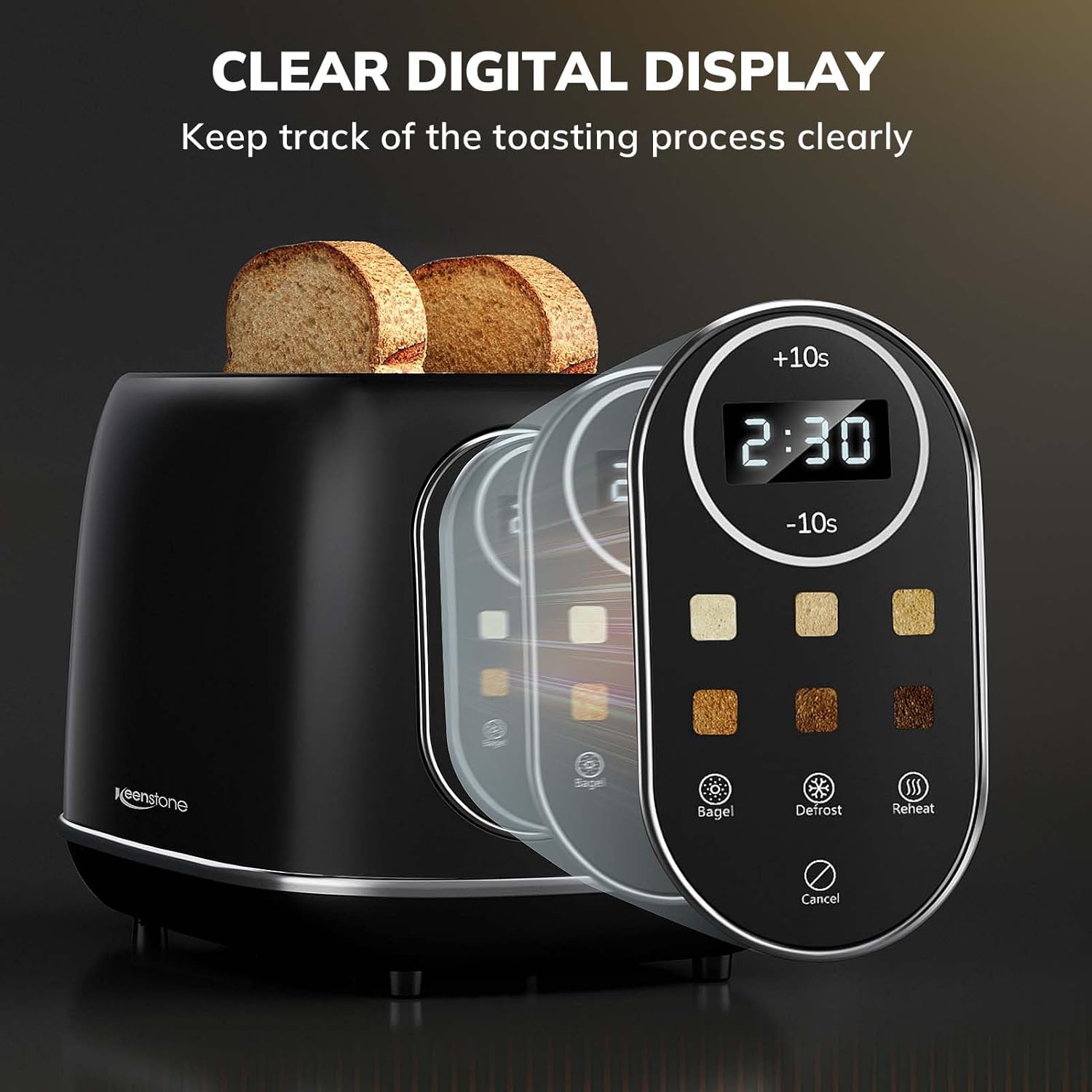 Keenstone Toaster Touch Control, Retro Toaster with Touchscreen, Stainless Steel 2 Slice Toaster Extra Wide Slot Features Bagel, Reheat, Defrost, Cancel, 6 Shade Settings&Removable Crumb Tray - Image 3
