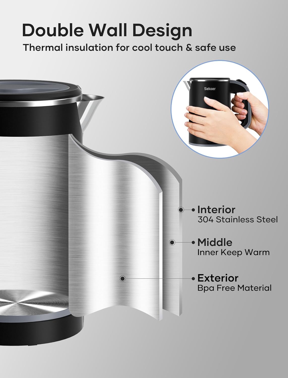 Sekaer Small Electric Tea Kettle Stainless Steel 0.8L Portable Travel Hot Water Boiler, Mini Electric Coffee Kettle with Auto Shut-Off & Boil Dry Protection, Cordless Base & LED Indicator - Image 6
