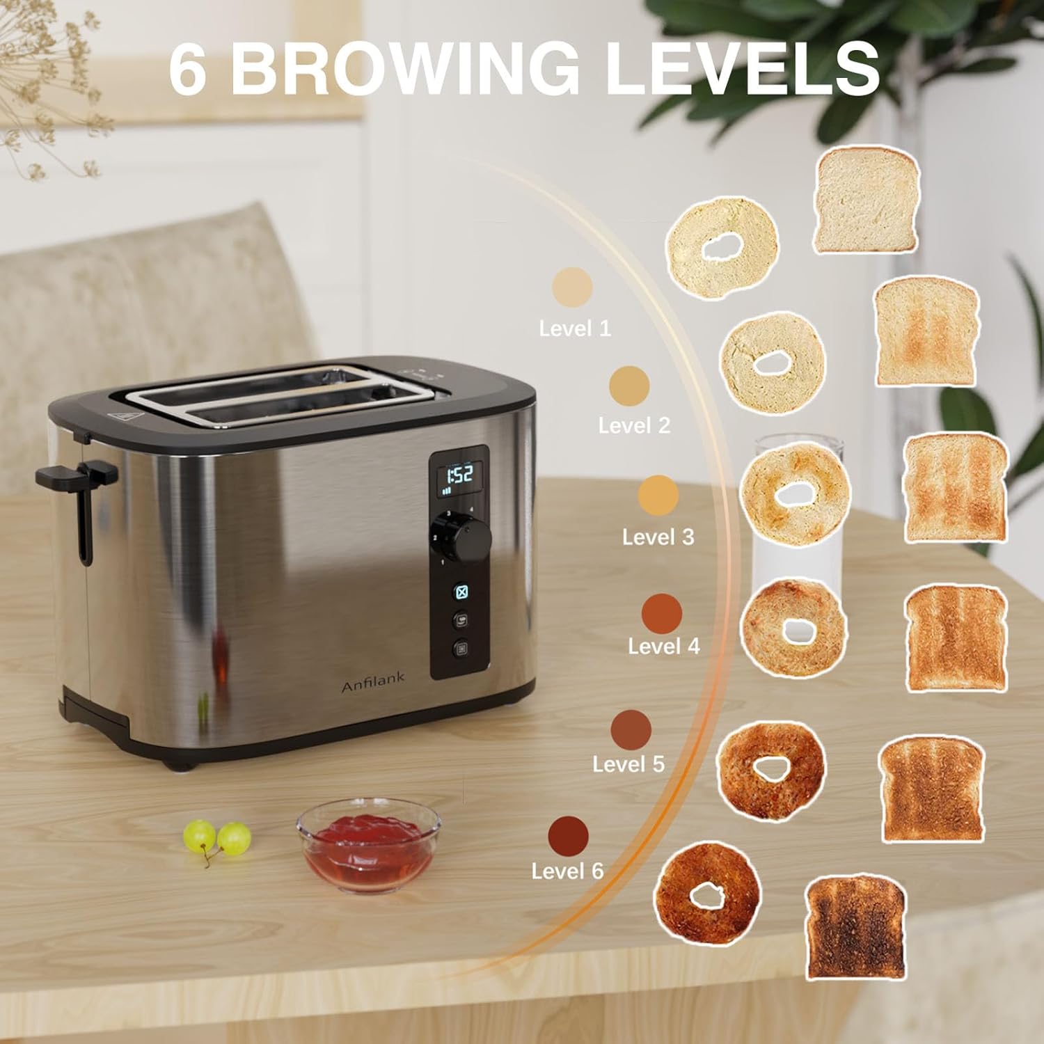 Extra Wide Slot 2-Slice Toaster with Digital Countdown Timer, Stainless Steel, 6 Browning Settings, Built-in Warming Rack, Cancel/Bagel/Defrost Functions - Image 4