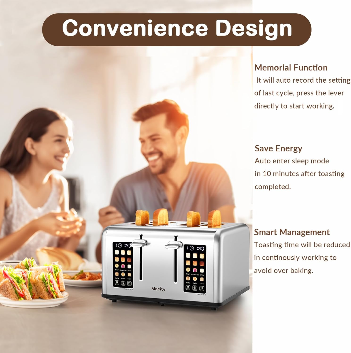 Mecity 4 Slice Toaster Touch Screen Control 4 Wide Slot, Stainless Steel Smart Bread Toaster for Bagel Muffin Waffle, Dual Control Pannel, Timer, Defrost, Reheat, 120V 1650W - Image 6