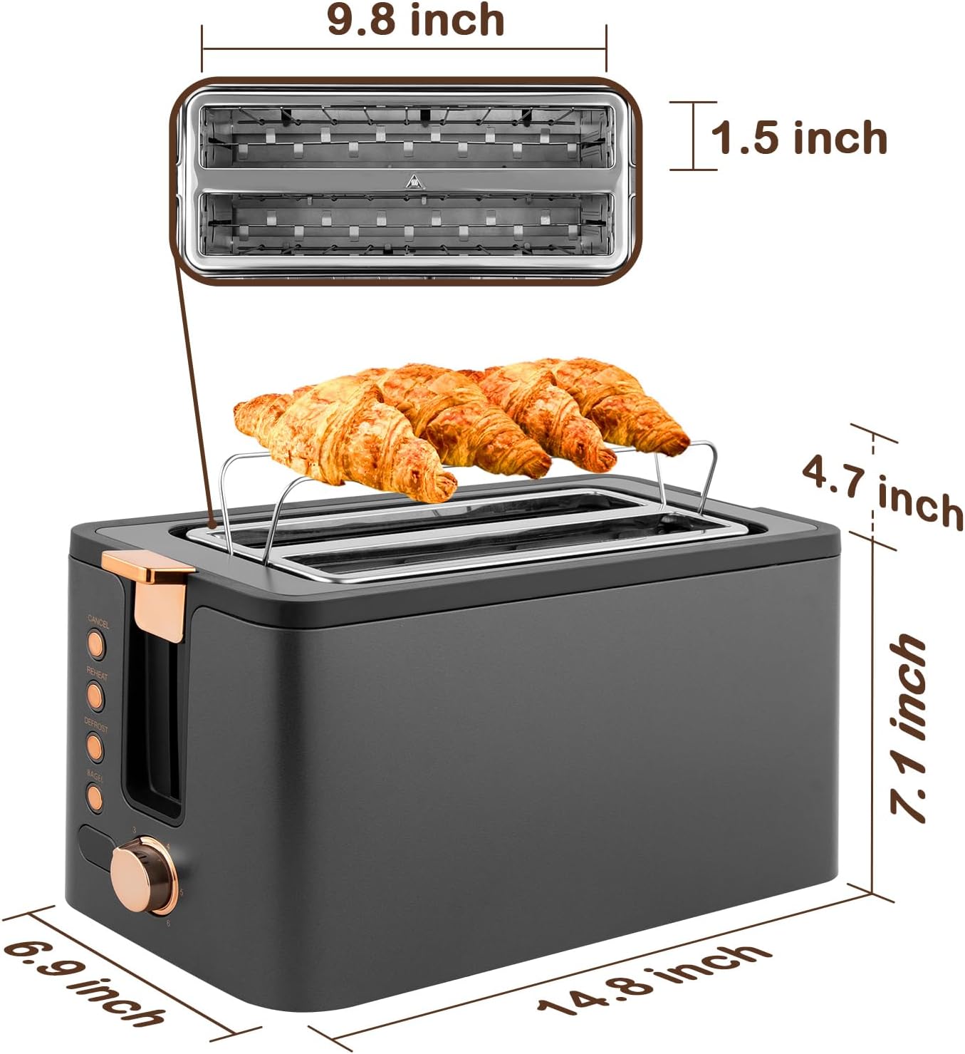 Mecity 4 Slice Toaster, Long Slot Toaster With Warming Rack, Bagel/Defrost/Reheat Functions,Warming Rack, Crumb Tray, 6 Browning Settings, Extra Wide Long Slots, Stainless Steel, 1300W,Grey - Image 9