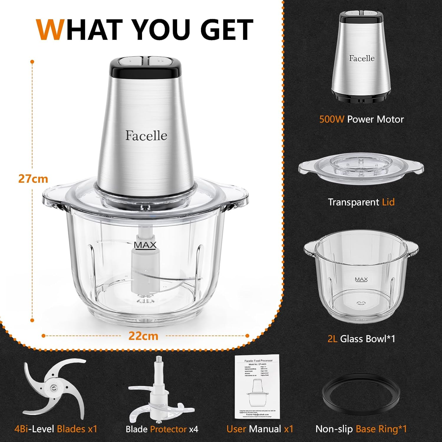 Food Processor, Facelle Meat Grinder 8-Cup Food Chopper Electric Vegetable Chopper 500W With 2L Glass Bowl & 4 Sharp Blades Meat/Vegetable/Fruit/Nut/Baby Food - Image 8