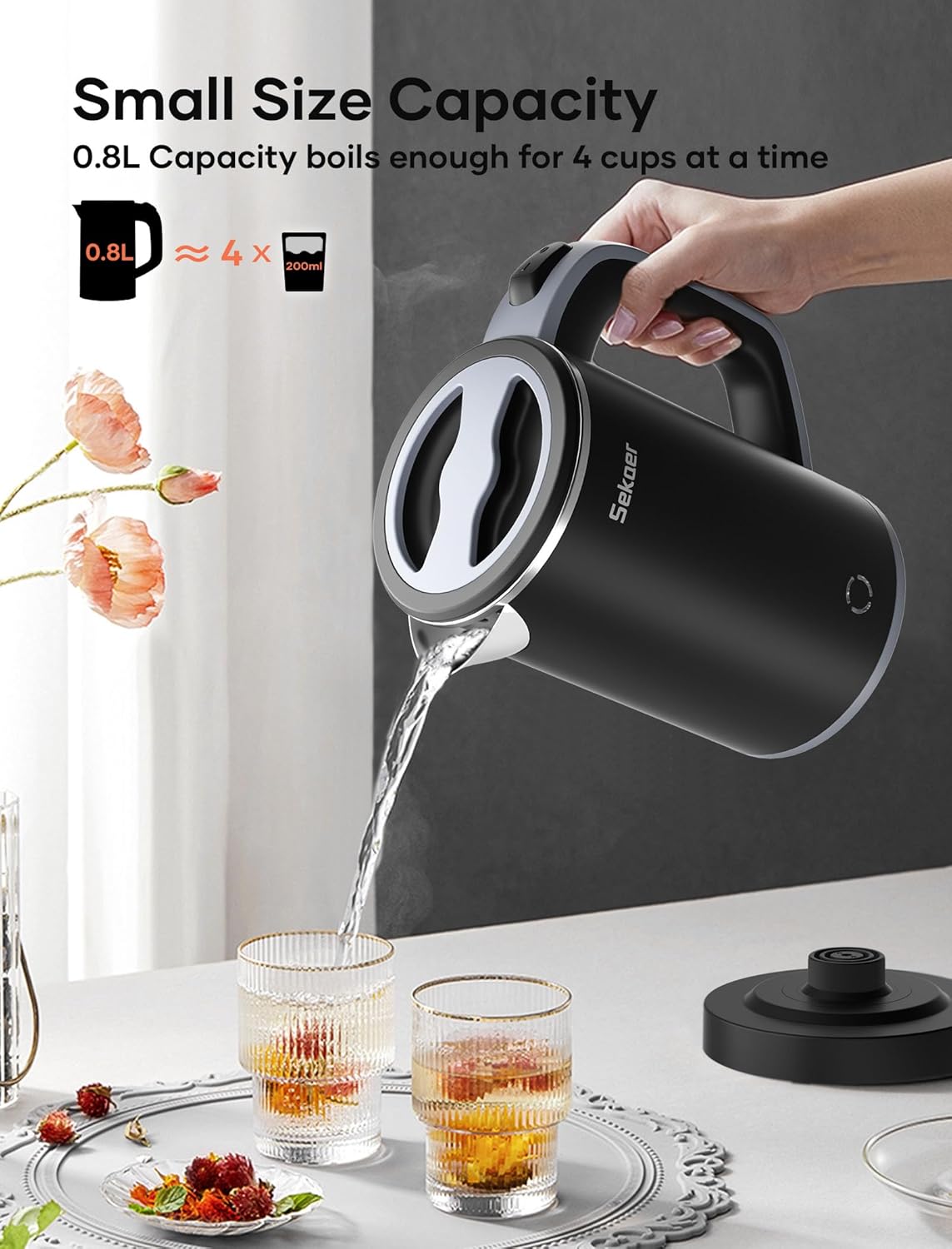 Sekaer Small Electric Tea Kettle Stainless Steel 0.8L Portable Travel Hot Water Boiler, Mini Electric Coffee Kettle with Auto Shut-Off & Boil Dry Protection, Cordless Base & LED Indicator - Image 5