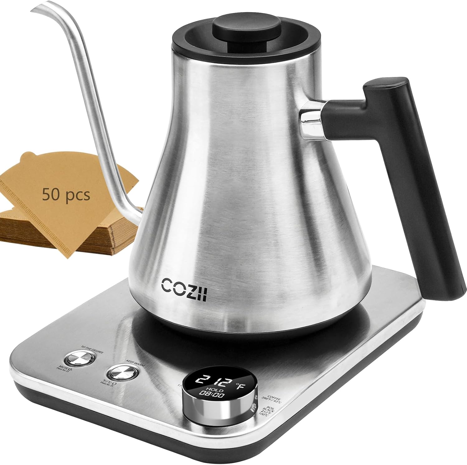 COZII Gooseneck Electric Kettle,5 Presets & ±1℉ Temperature Control 1200W Quick Heating Water Boiler for Coffee/Tea, 24H Keep Warm, Auto Shut Off Pour Over Kettle with 50pcs Coffee Filter,0.9L Silver - Image 2