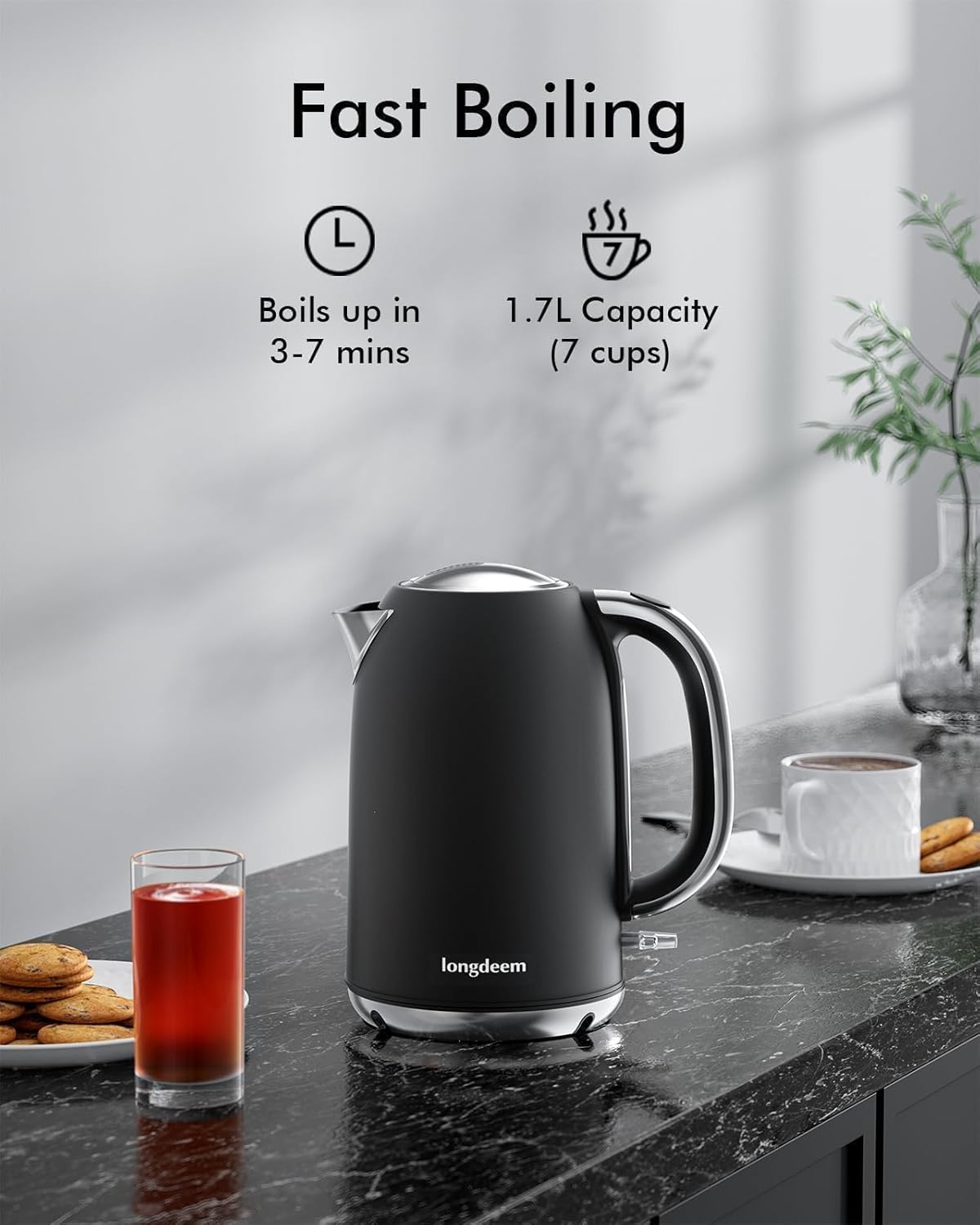 Boiling Water Electric Tea Kettle, Wide Open Lid Stainless Steel Water Cooker, 1500W / 1.7L Coffee/Tea Brewing, Auto Shut Off and Boil Dry Protection, Cordless Rotating Base and LED Indicator, Black - Image 3